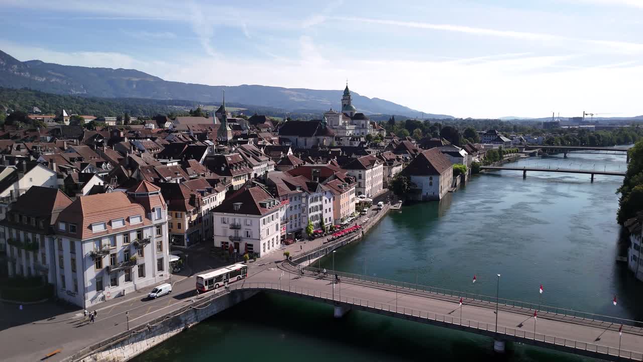 Bridge over Aare river in Solothurn Switzerland Swiss medieval town, aerial drone
