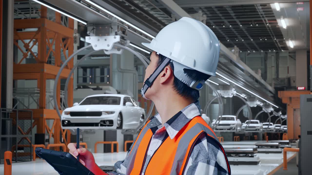 안전 헬을 입은 아시아 남성 엔지니어가 태블릿에 메모를 하고 ev 자동차 공장에서 서서 주변을 둘러보고 있습니다.