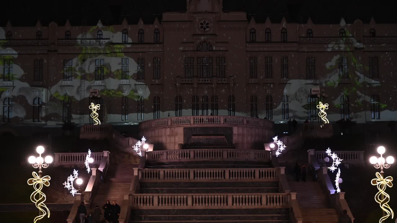 Iasi, Romania - December 18, 2020: View of the Palace of Culture with Christmas decorations at night