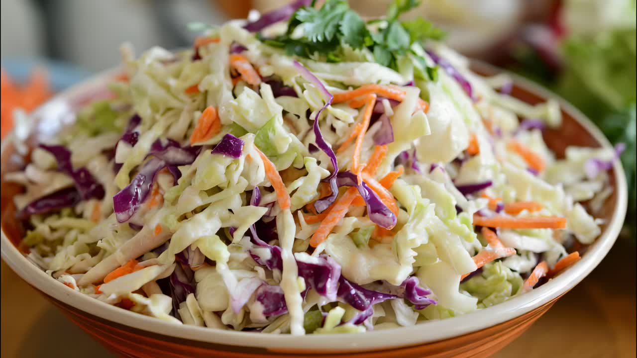 Coleslaw salad is made with shredded cabbage, carrots and a creamy mayonnaise based dressing, often served as a side dish at barbecues, picnics and potlucks
