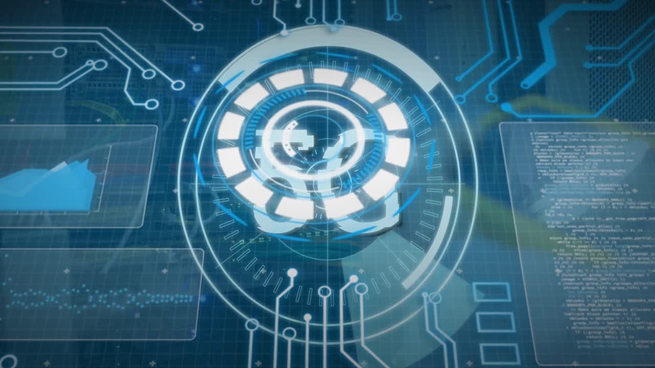 Animation of digital interface over caucasian server room worker