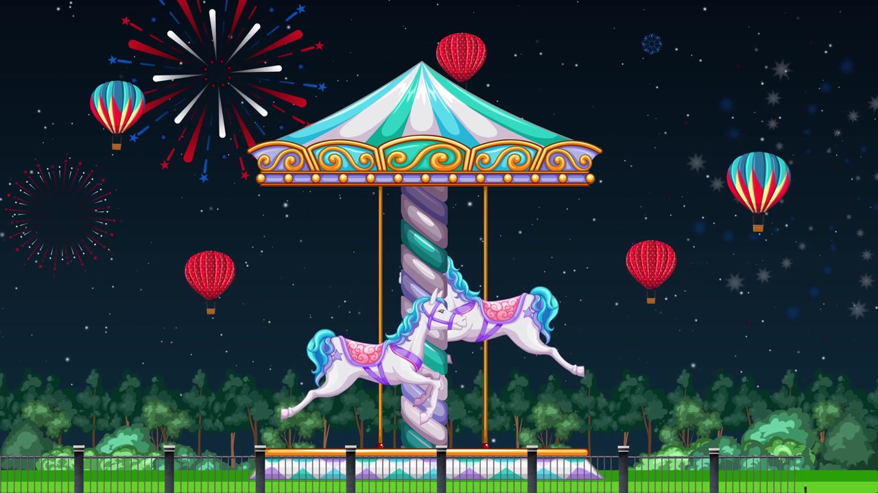 A colorful carousel spins under a starry night sky with fireworks and hot air balloons