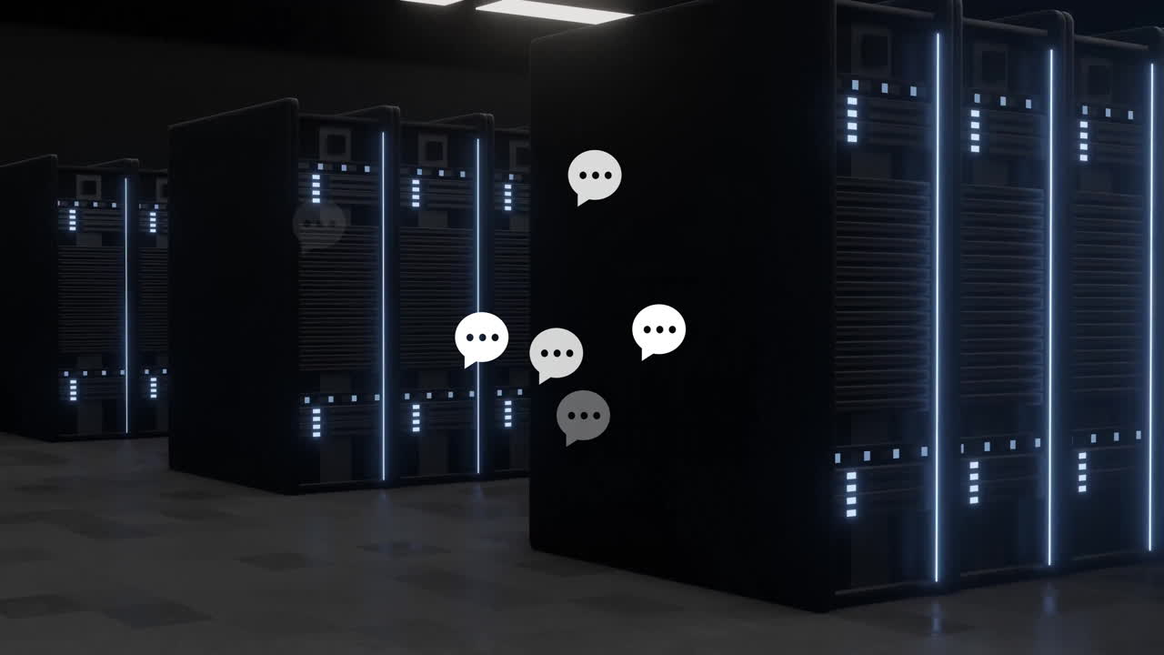 In server room, animation of chat bubble icons floating over computer racks