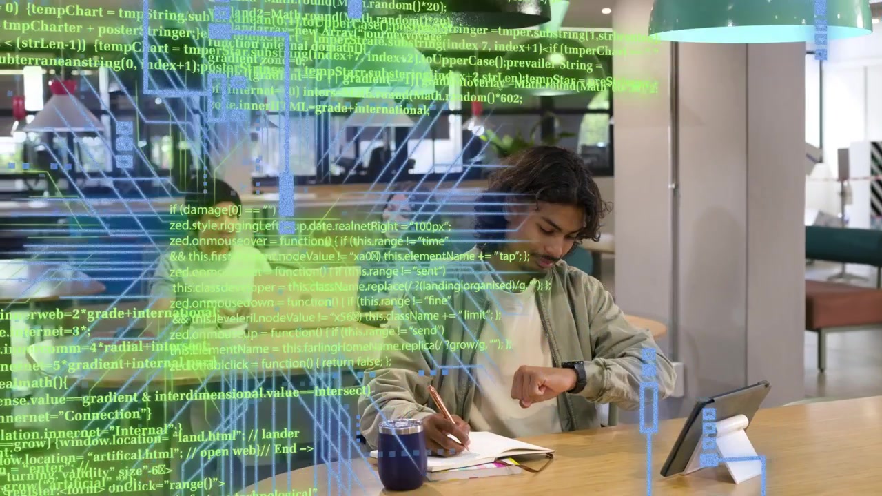 Man tapping tablet and writing study notes in tech space, causing code overlay flowing and fading