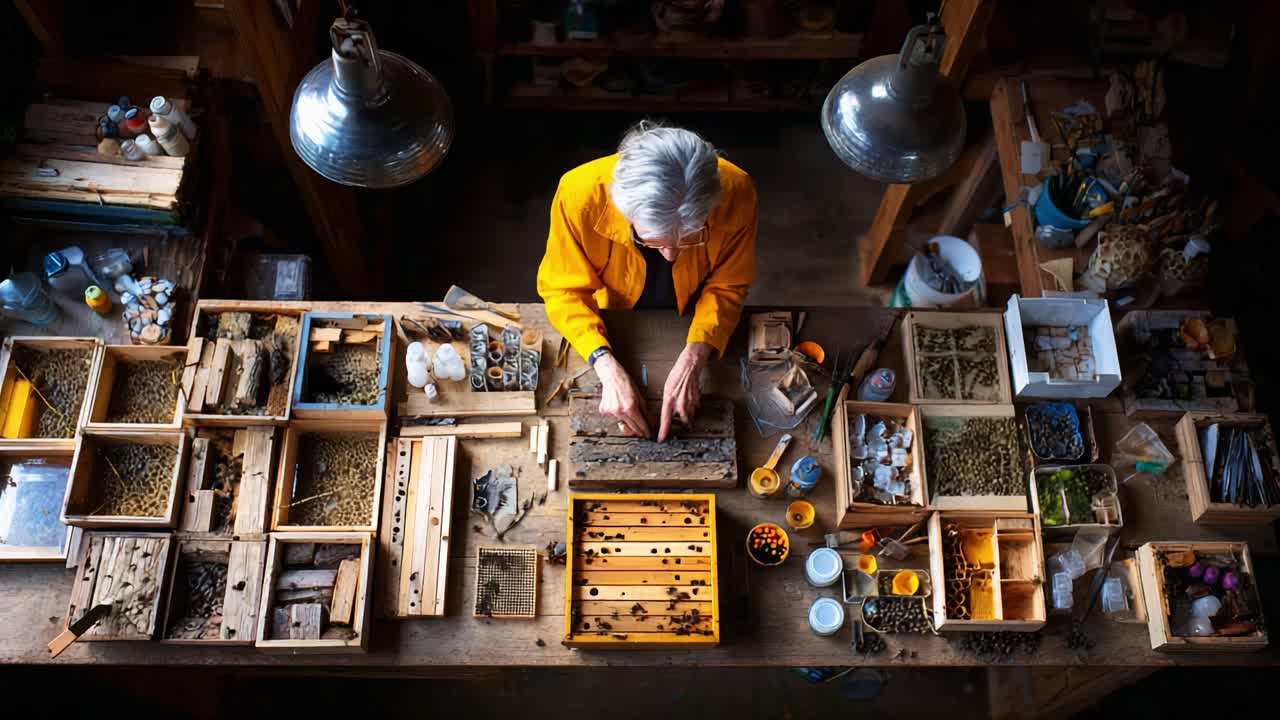 An Artisan's Craft: A Dedicated Individual Assembles Distinctive Materials on a Wooden Table, Surrounded by Various Containers and Tools in a Creative Workshop Environment