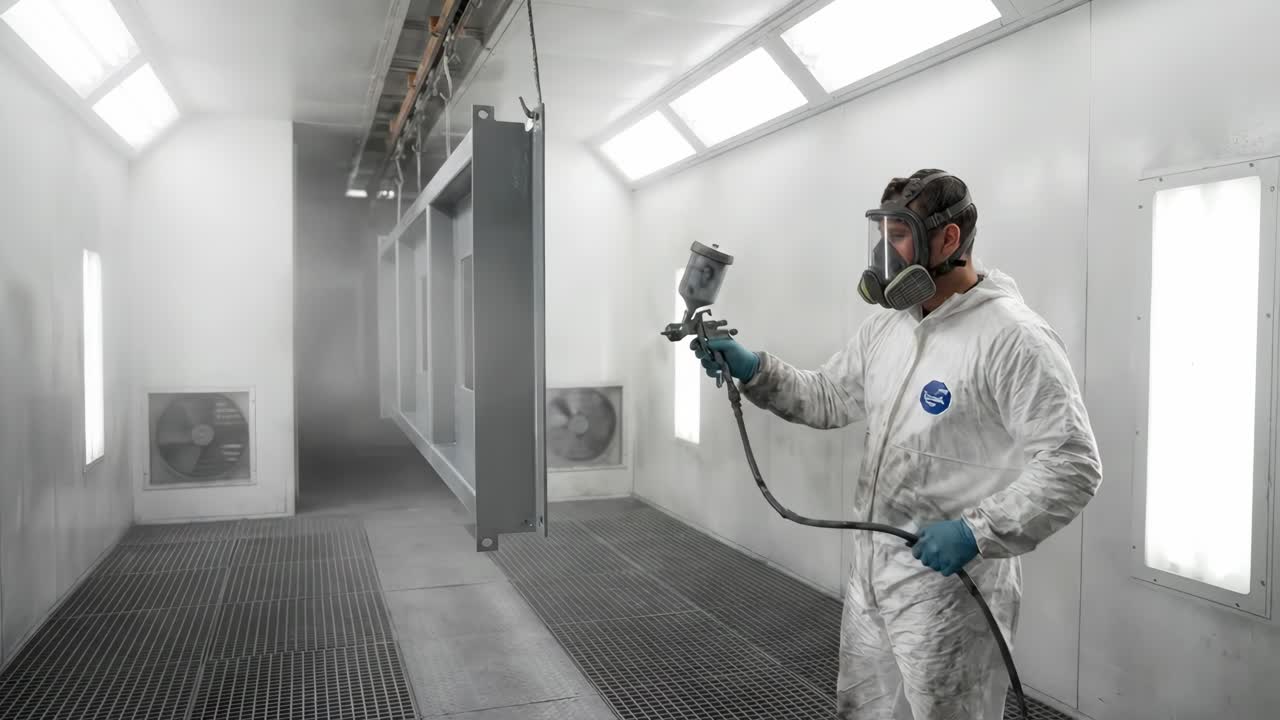 Worker in Protective Suit Spray Painting Metal Part in Industrial Booth