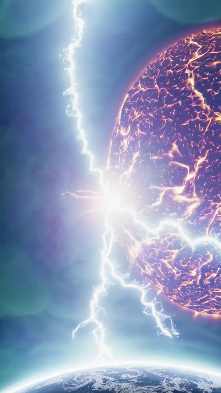 Concepto de video dinámico de un sol ardiente con erupciones solares, capturado desde un ángulo bajo.