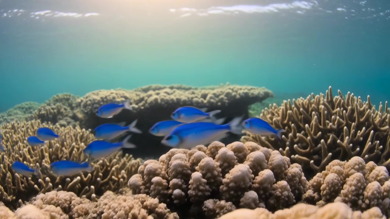 Banco de peces azules deslizándose sobre coral de roca hacia una cavidad empotrada, con contraluz solar.