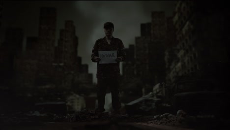 full body of asian male soldier looking at camera, holding a paper with slogan no war while standing in the midst of a ruined city after a war