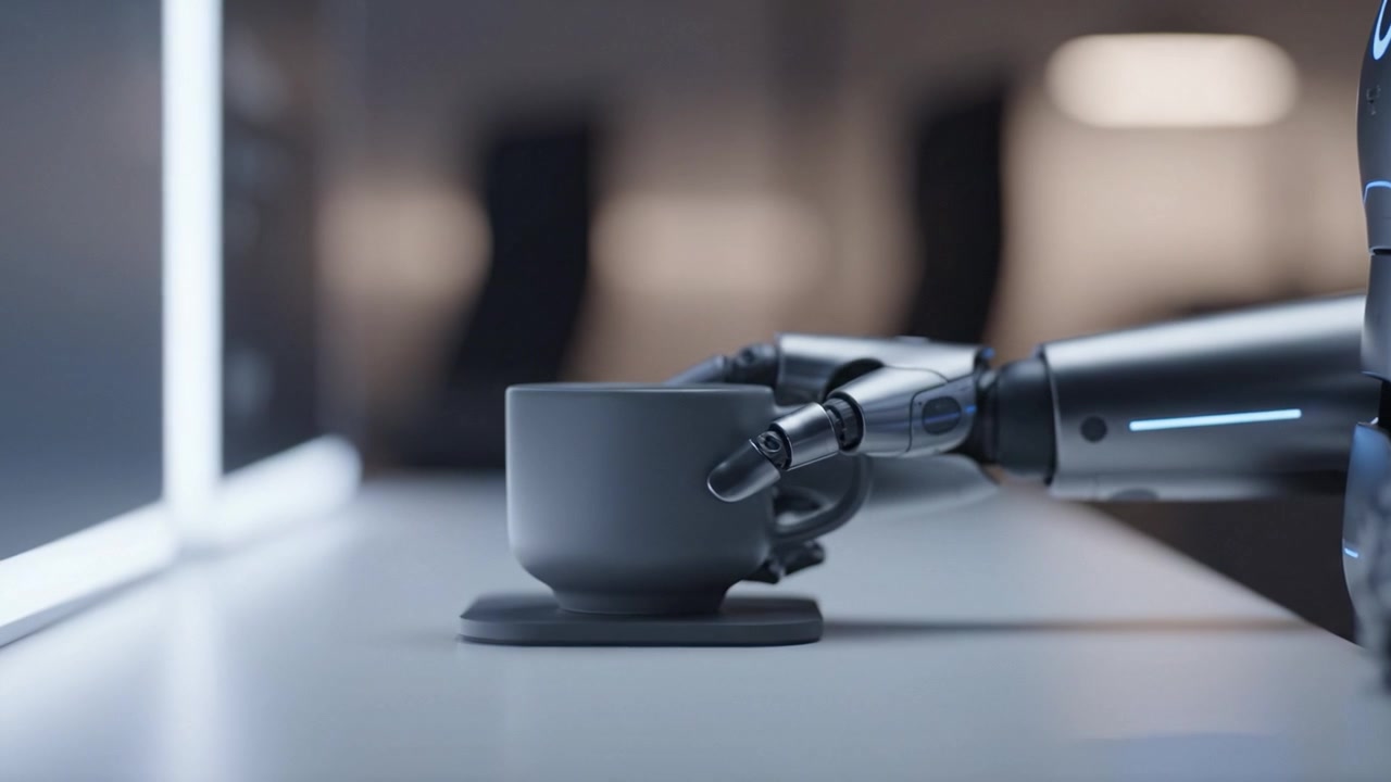 A Robotic Hand Interacting with a Ceramic Cup on a Minimalist Desk in a Modern Futuristic Environment of Technology and Innovation.