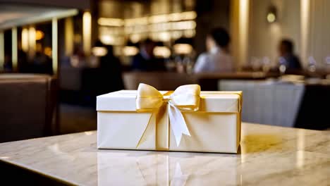 a beautifully wrapped gift on a restaurant table