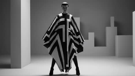 striking visual contrast: a model showcases a bold geometric fashion design in monochrome against a minimalist background, capturing the essence of modern artistry