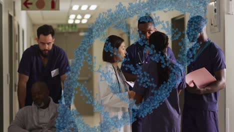 animation of dna strand over diverse doctors at hospital