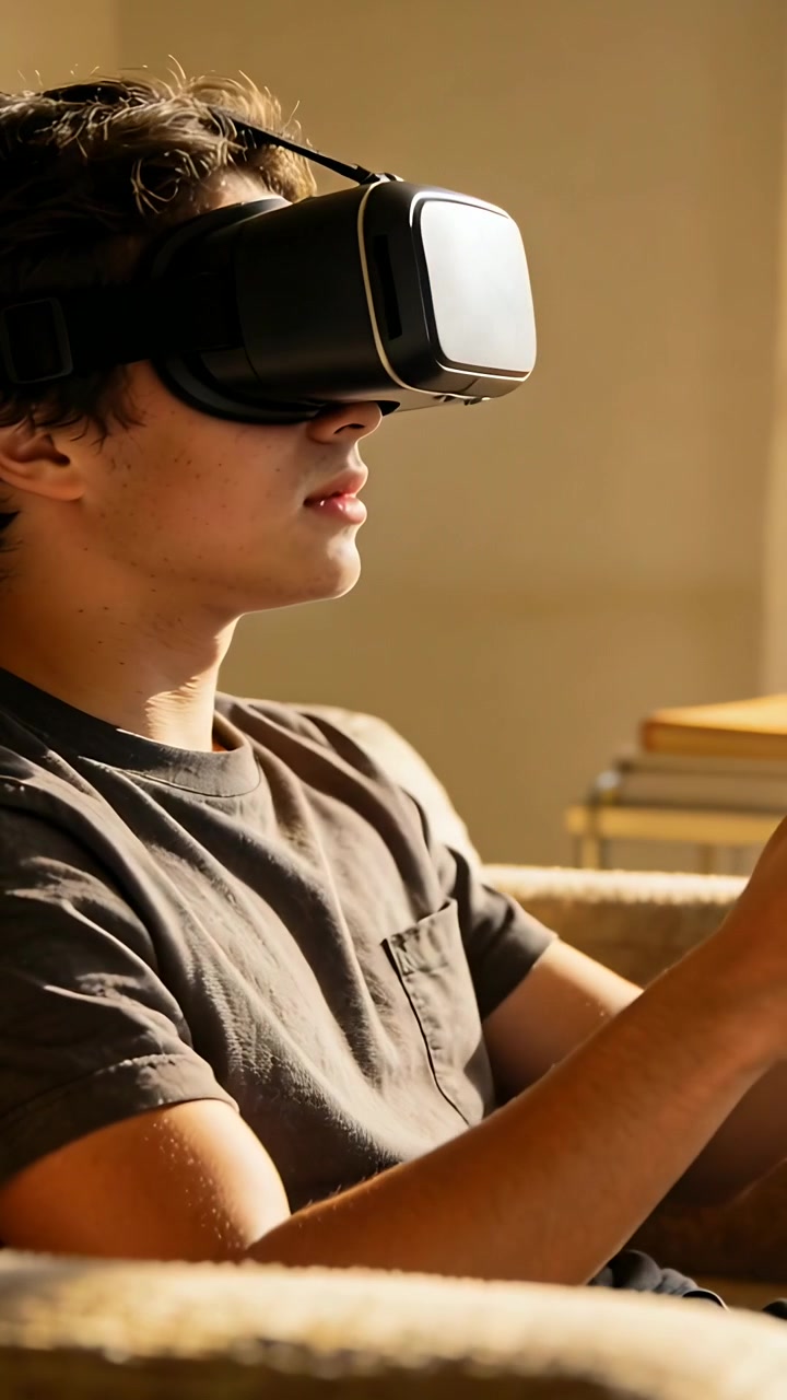 Vertikal video: Spiller ung i skjorte bruger VR-headset og controller derhjemme, reagerer på VR-scene.