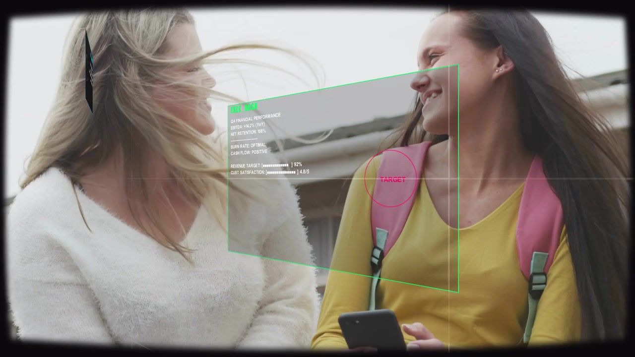Right girl tapping phone left girl turning HUD panels appearing shifting into green panel for study