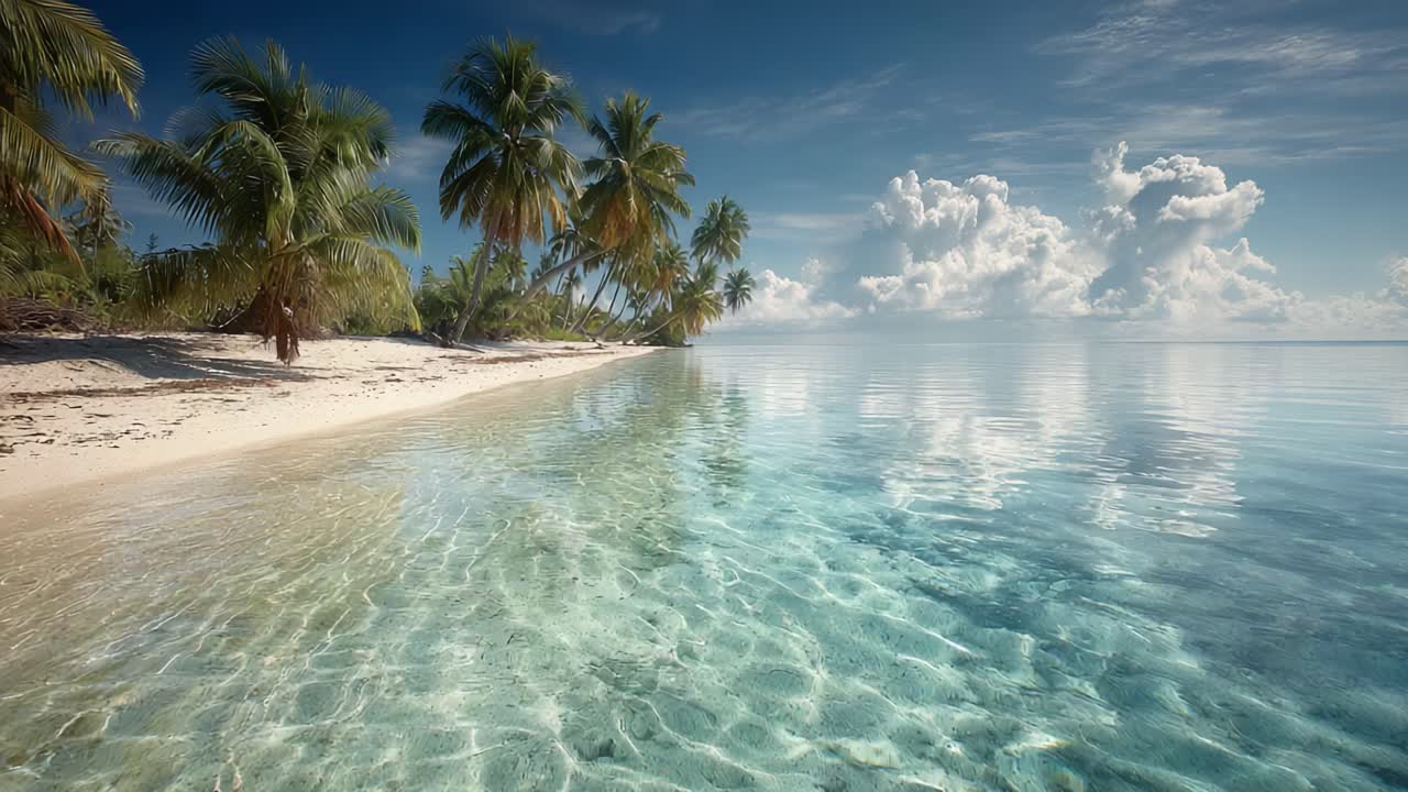 Tranquil Beach Scene with Clear Waters and Lush Palms Under a Bright Sky, Capturing the Serenity of Nature's Beauty in a Tropical Paradise