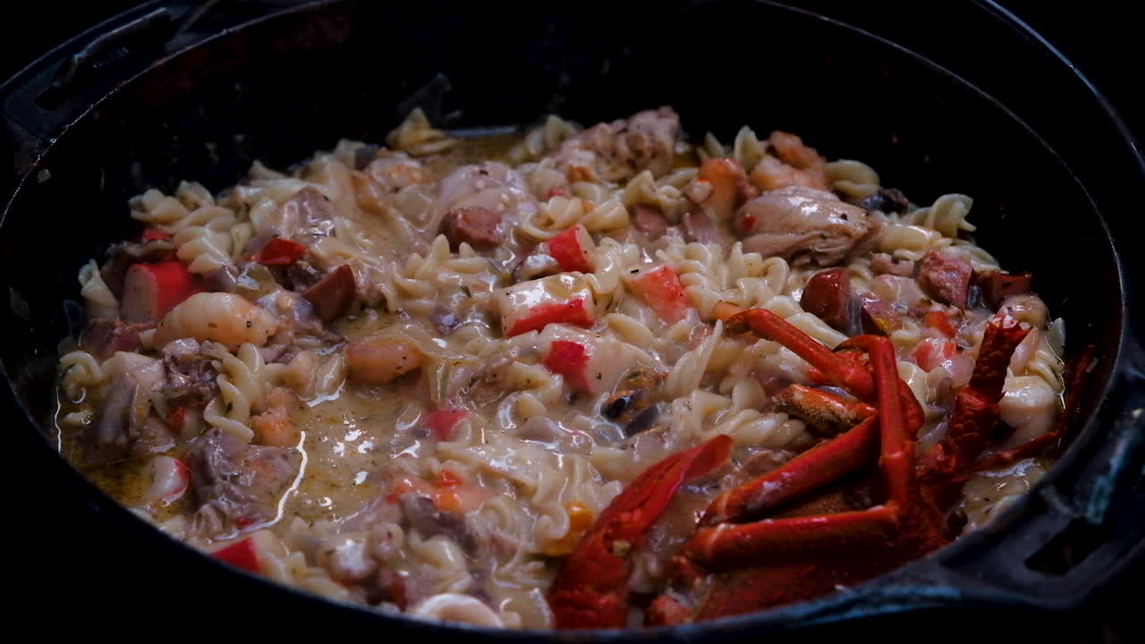 냄비에 끓인 해산물 파스타에 요리한 붉은 바위 랍스터 추가