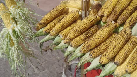 maíz a la parrilla en la mazorca en un puesto de comida callejera