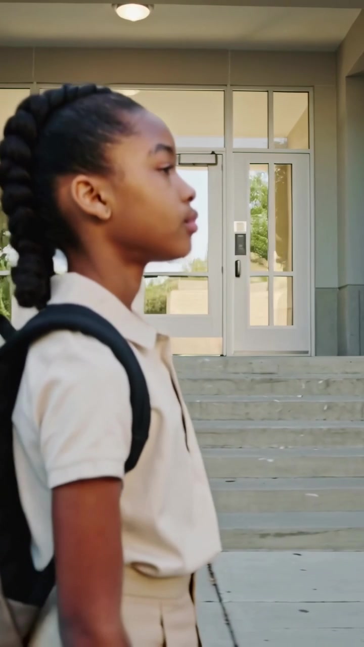 Vertical video: Entering left edge, girl in uniform walking toward doors at school with backpack