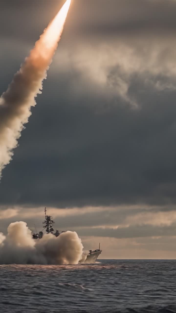 Una nave militare che lancia un missile durante un drammatico tramonto sulle acque dell'oceano, catturando la potenza e la precisione della moderna tecnologia bellica marittima.