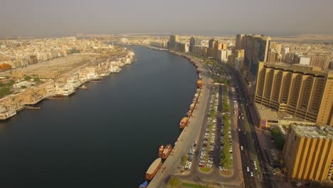 aerial. dubai creek. historic center of the united arab emirates. sunrise. 4k