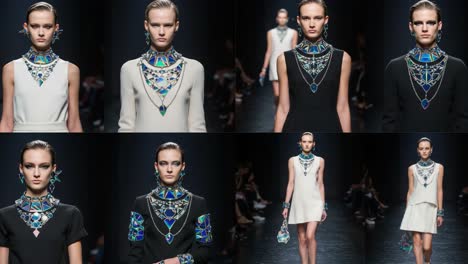elegant fashion showcase featuring model in stunning accessories and contrasting outfits, captured in two dynamic frames with intricate details and vibrant colors