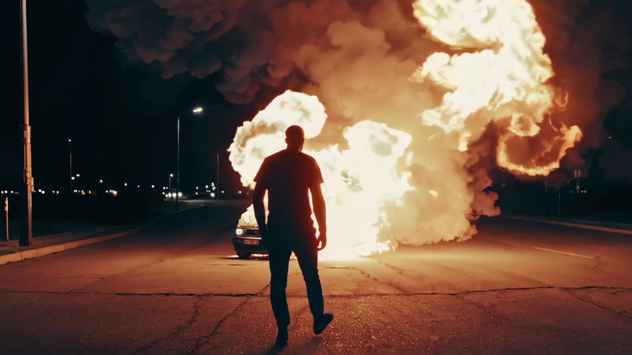 Man observing a burning car at night