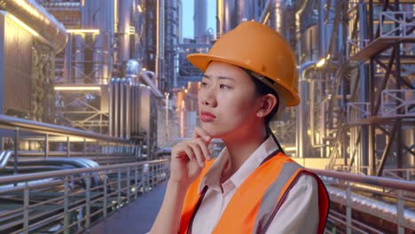 close up side view of asian female engineer with safety helmet thinking and looking around then raising her index finger while standing at a vast oil refinery