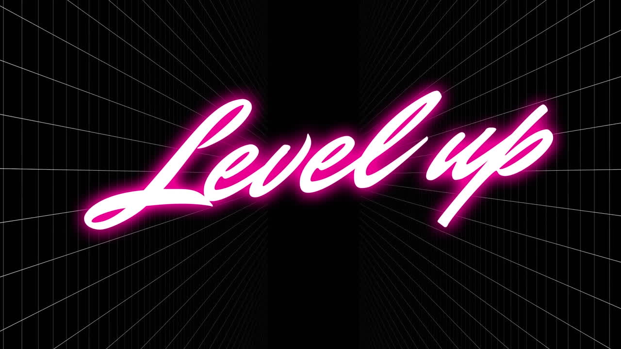 Animazione digitale di testo 'level up' rosa neon su rete a griglia su sfondo nero