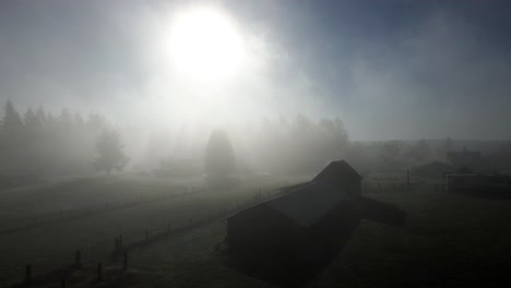 morning advection fog rises over a small farm as the sunshine streams through the forest, aerial