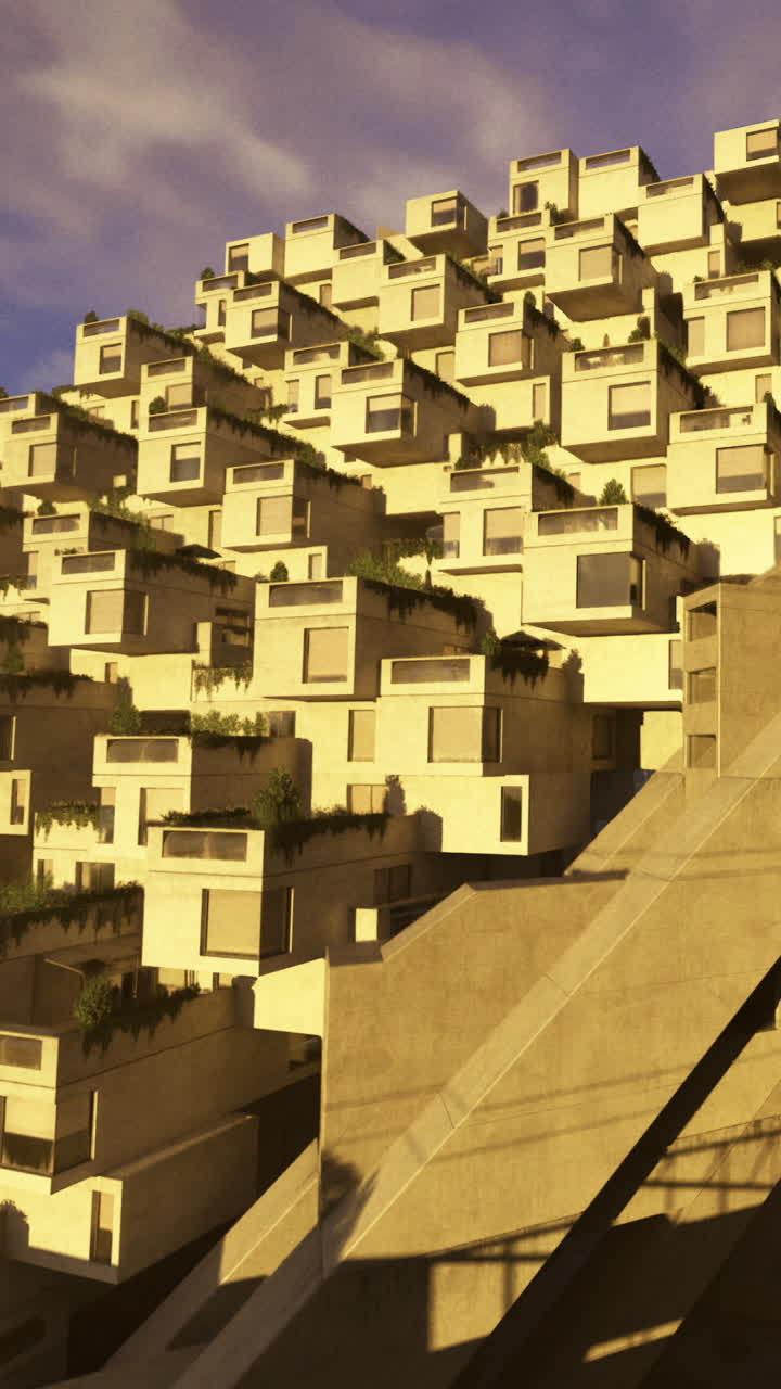 Estrutura de edifício única com degraus e terraços sob luz solar intensa.