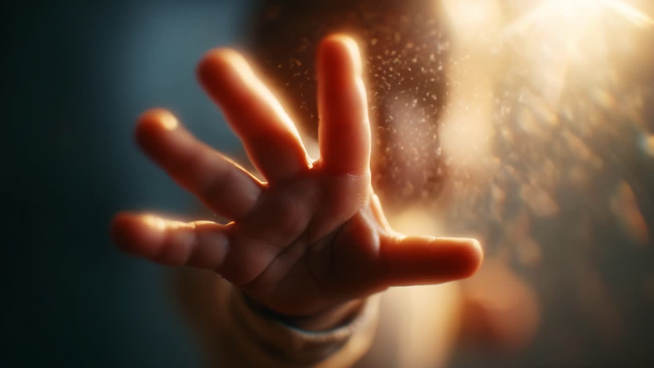 A Child's Reaching Hand Captured In a Dreamy Moment, Surrounded by Sparkling Dust Specks, Symbolizing Innocence and Curiosity in a Softly Lit Atmosphere