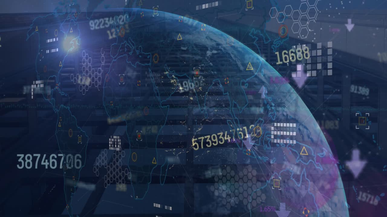 도시 풍경 위의 지구와 세계 지도를 사용하여 금융 데이터 처리의 애니메이션