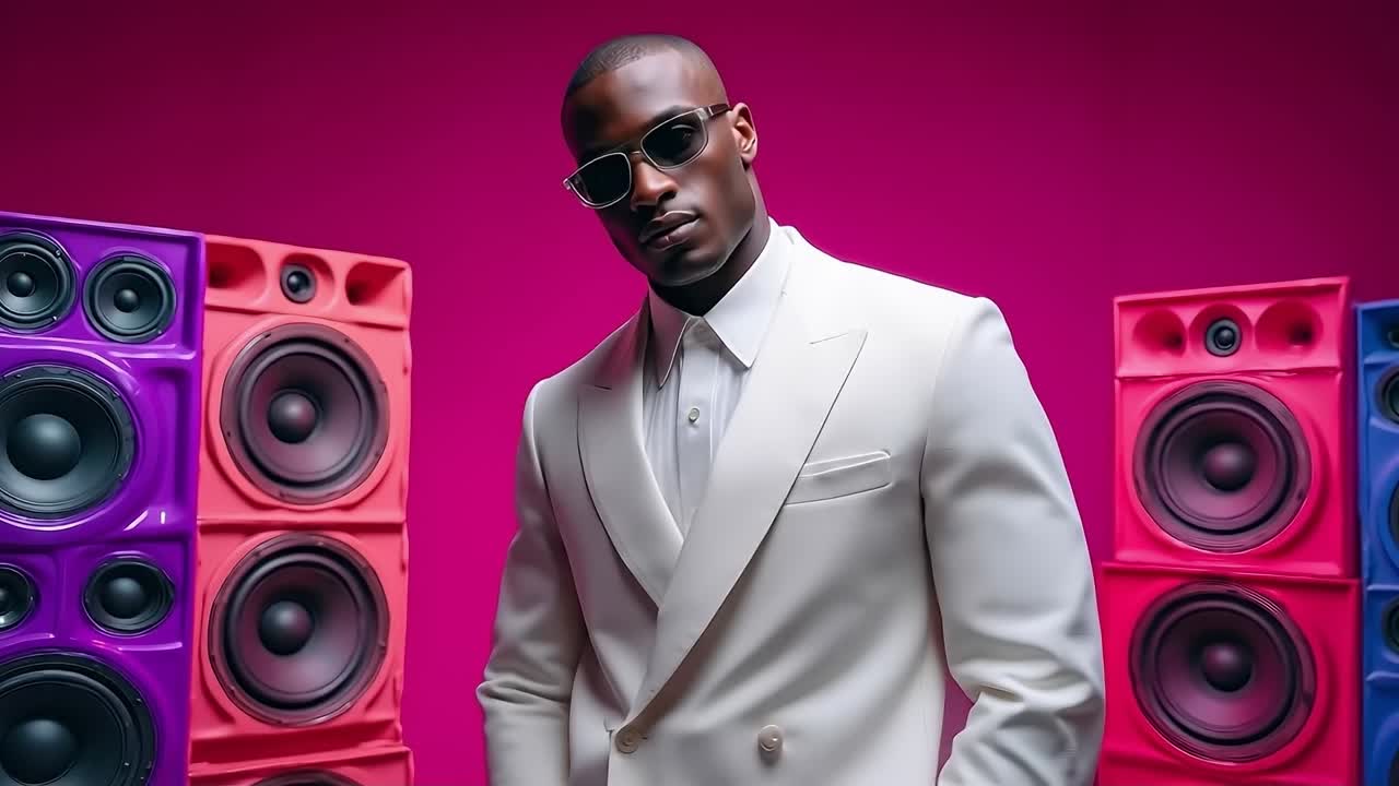 A man in a white suit and sunglasses standing in front of speakers