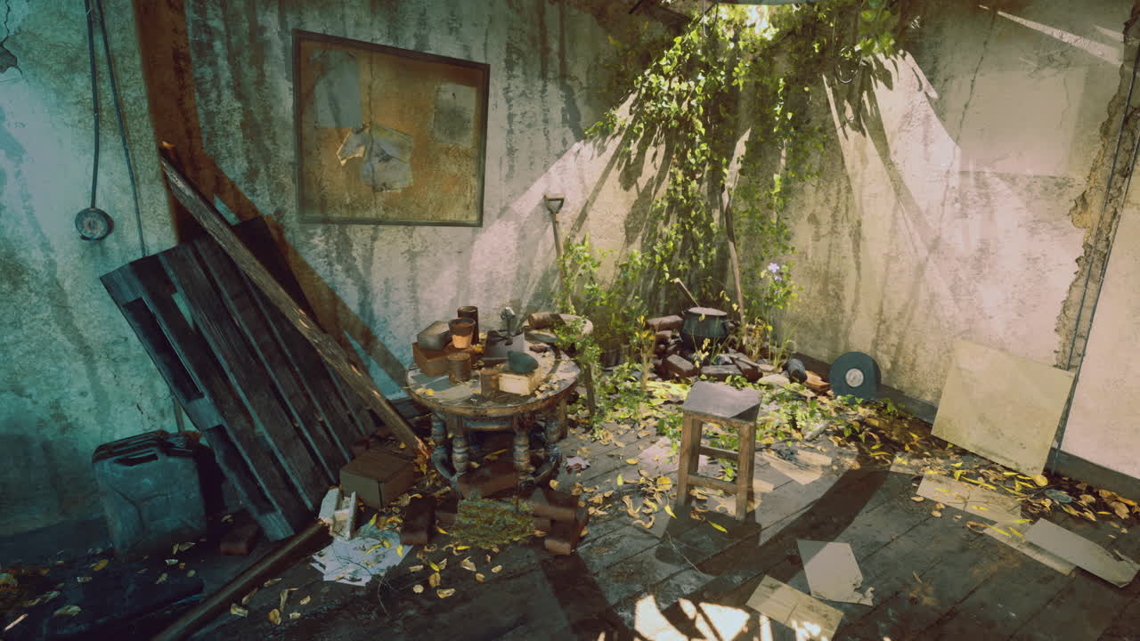 Abandoned room filled with nature reclaiming the space in sunlight