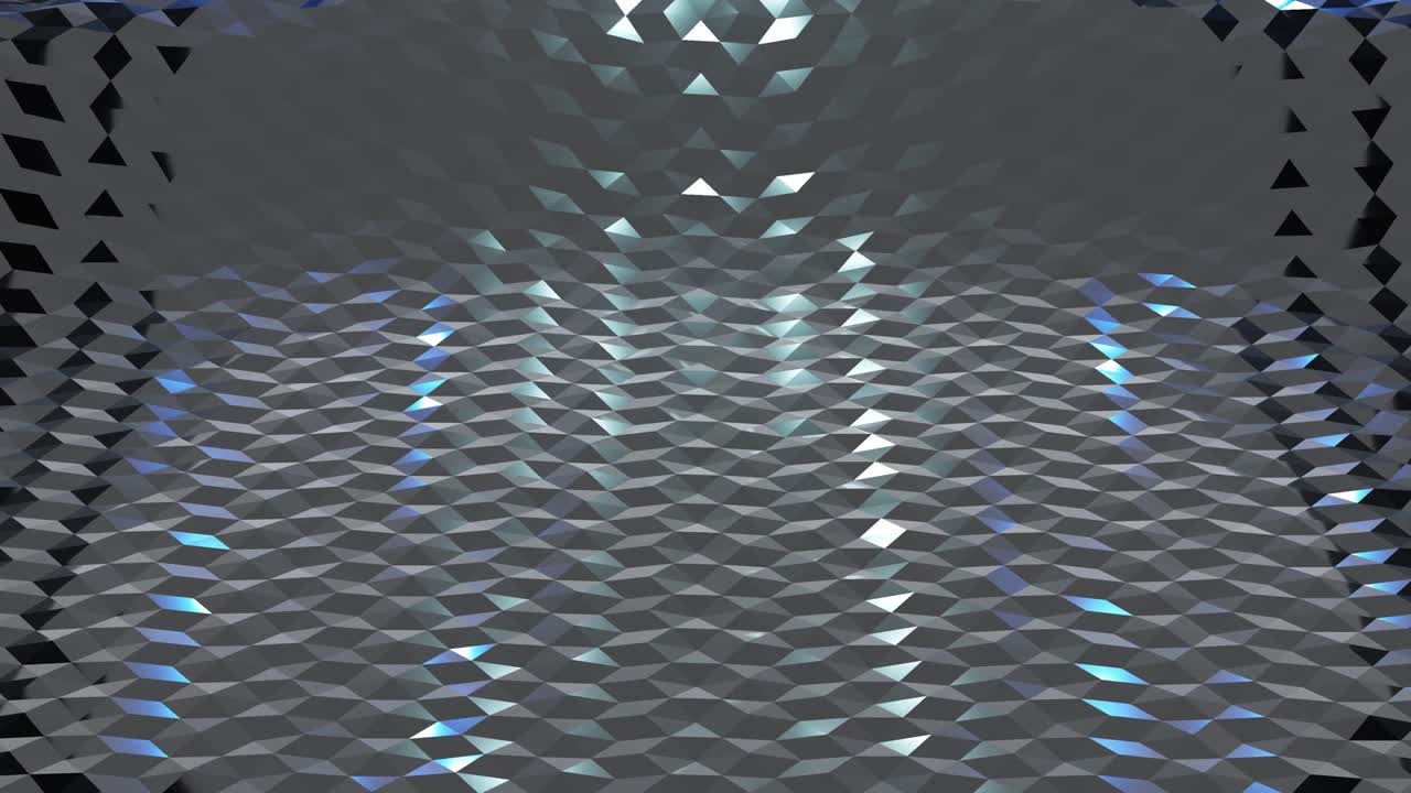 4k에서 세련된 어두운 추상적인 낮은 폴리 배경, 추상적인 파동은 반이는 금속 표면에서 루프로 움직입니다, 부드러운 부드러운 무 애니메이션, 간단한 미니멀리즘 기하학, 푸른 색.