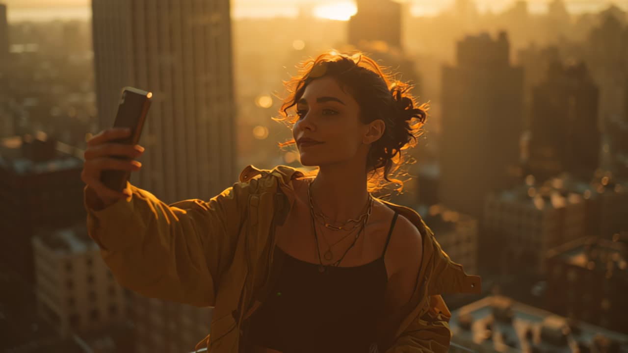 Riprese cinematografiche di una giovane donna che si scatta un selfie con uno smartphone su un tetto all'ora d'oro, con uno skyline urbano sullo sfondo e una calda luce del tramonto.