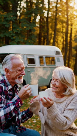 senior couple enjoying coffee in autumn campground