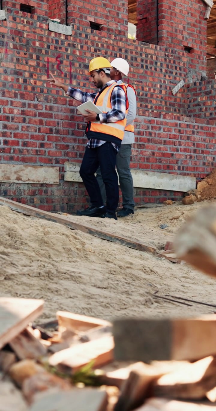 Gerentes de construcción inspeccionando obra con tableta