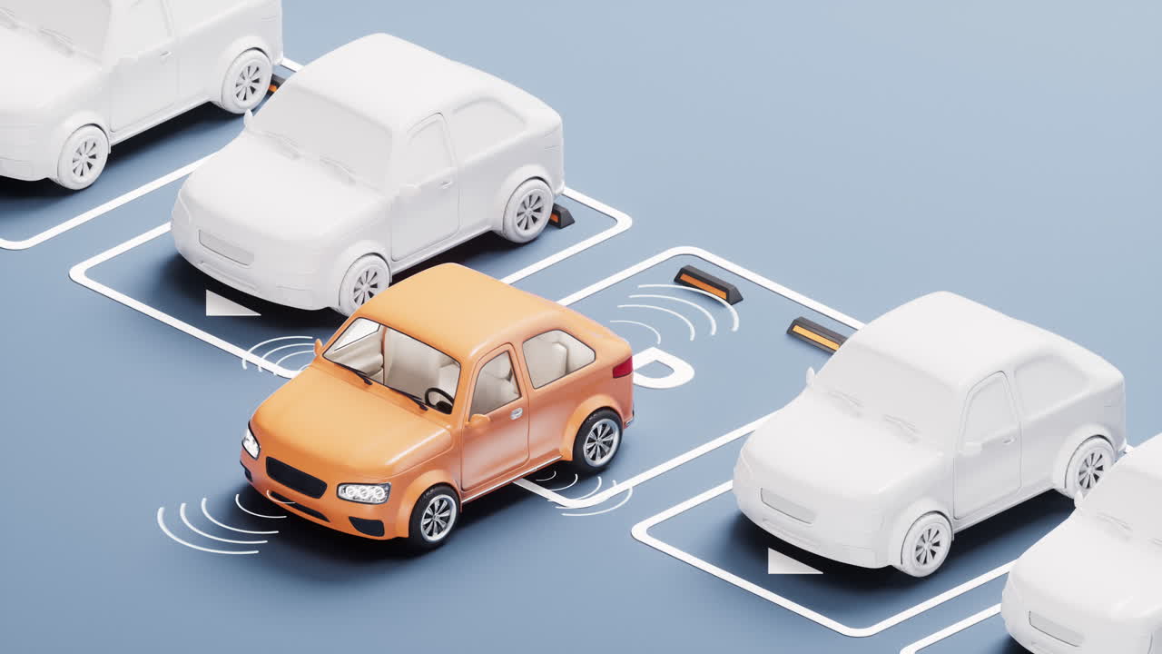 자동차가 주차장에 자동으로 주차되는 3d 렌더링