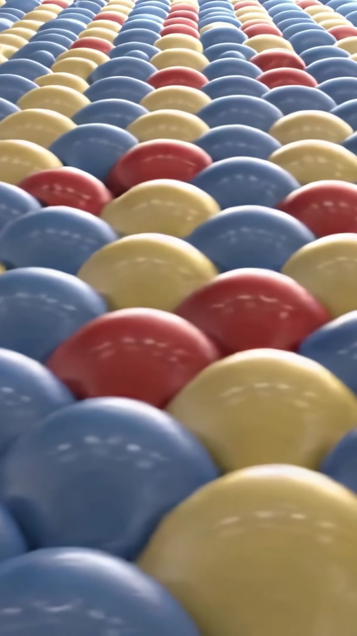 Vertical video: Camera pulling back at play area, revealing glossy plastic red blue yellow balls