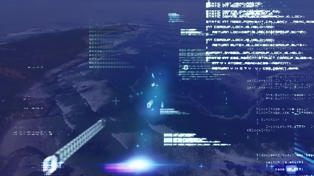 animación del procesamiento de datos estadísticos y puntos de luz contra las olas del mar que golpean las rocas.