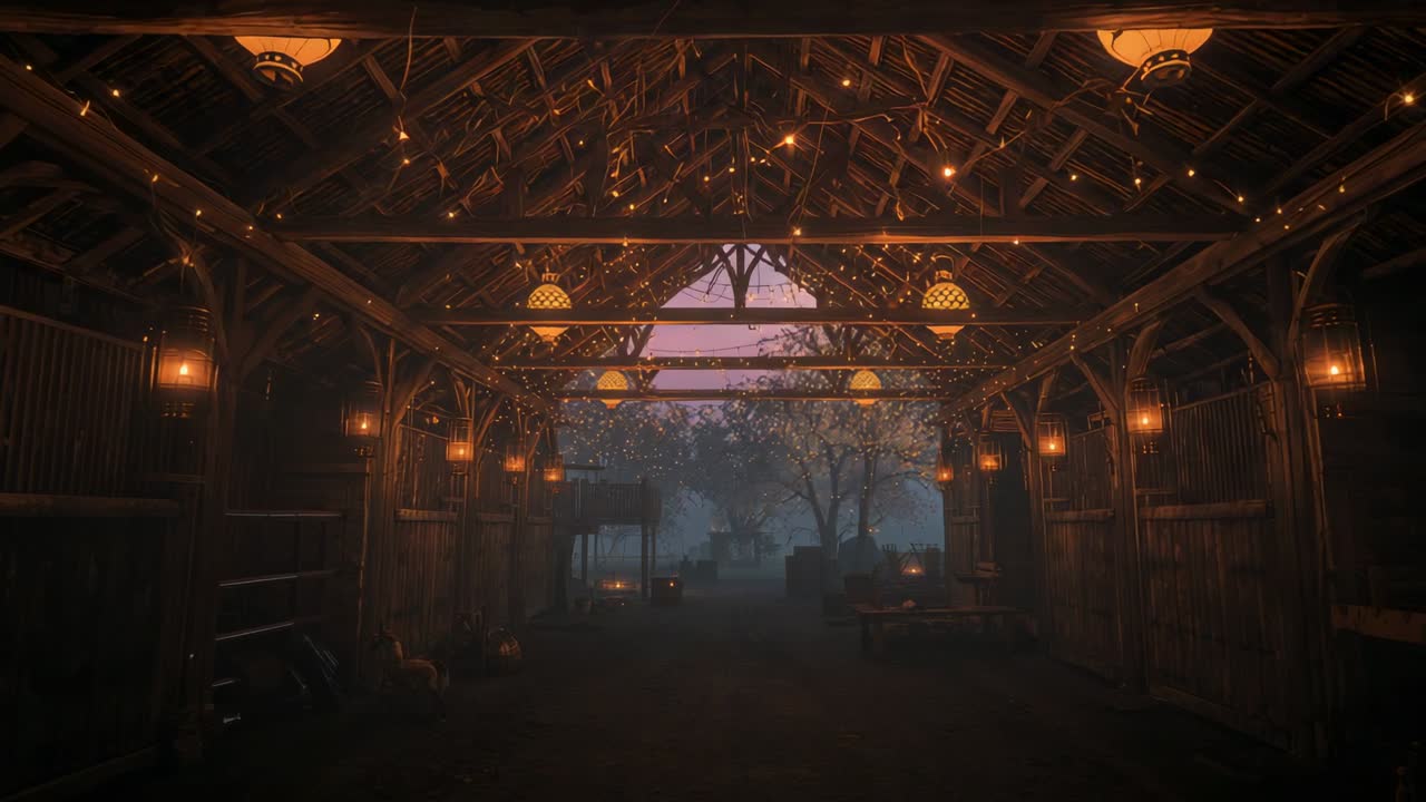 Camera holding view down barn walkway with lanterns, lights and brazier fire creating rustic mood