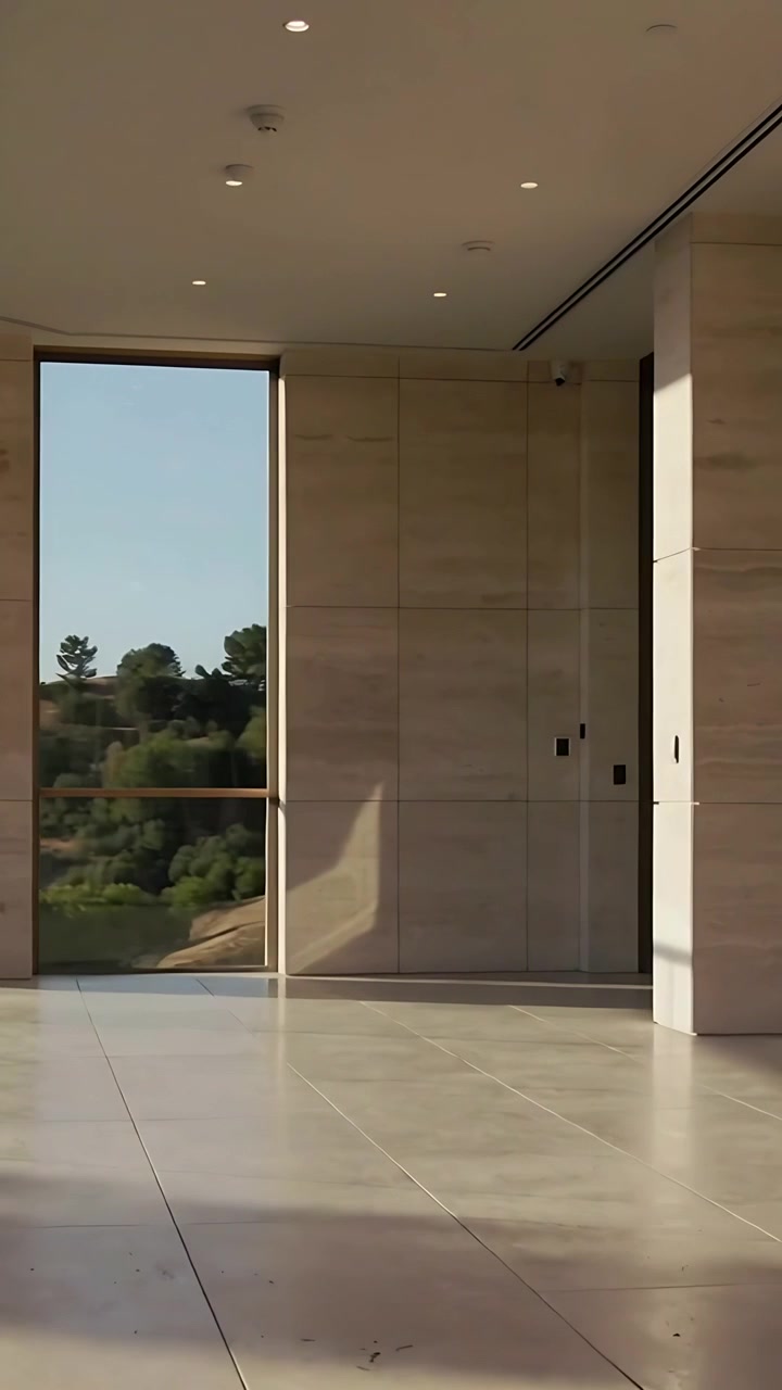 Vertikales Video: Wiedergabe beginnt, Kamera schwenkt nach rechts und enthüllt ein bodentiefes Fenster in einem Wohnraum.