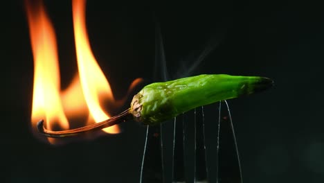 burning green chili pepper on fork against black backdrop