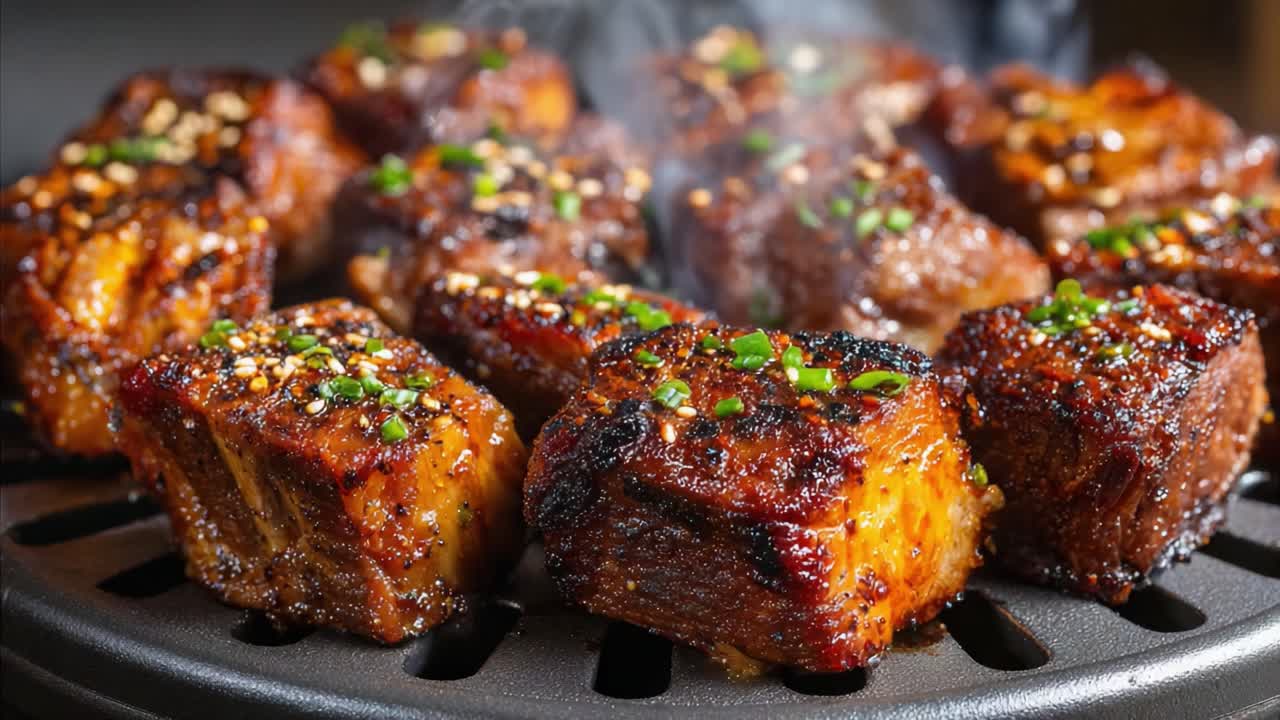 Herkullisesti grillattuja lihapaloja aromaattisilla yrteillä ja mausteilla tirisevällä grillillä, täydellisen rapeaksi paistettuina ja valmiina hemmottelemaan makunystyröitäsi.