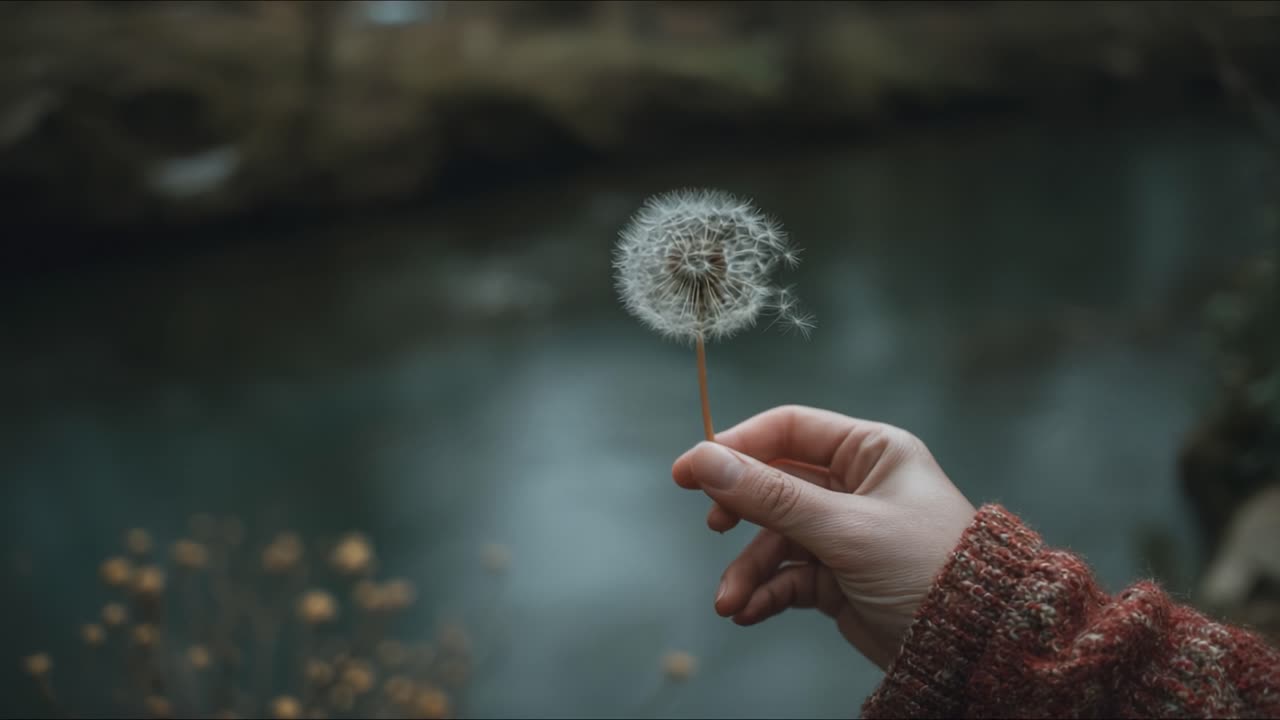 A Serene Moment: A Hand Holding a Delicate Dandelion Seed Head Over a Tranquil Stream, Capturing Nature's Beauty and Transience in a Peaceful Setting
