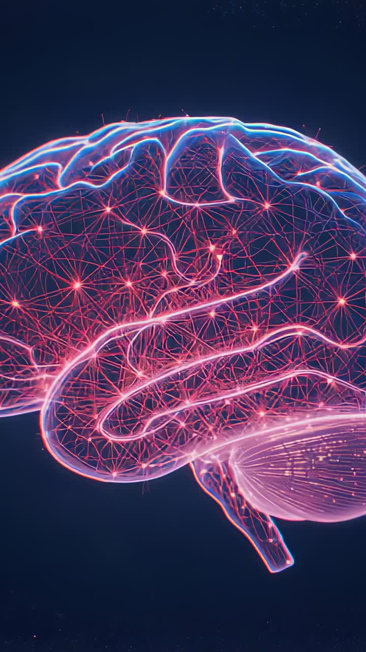 Vertical video: Rotating brain model on play in navy void, showing frontal view, neon nodes pulsing