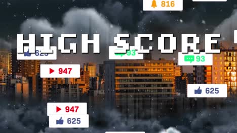 Animation-Von-Highscore-Text-Und-Zahlen,-Die-Mit-Symbolen-über-Dem-Stadtbild-Wachsen