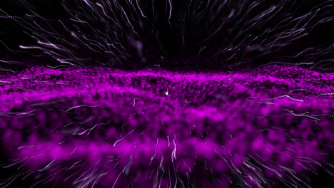 rastro de luz púrpura explotando sobre una onda digital púrpura moviéndose contra un fondo negro
